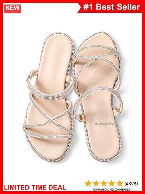 Rhinestone Strappy Flat Slide Sandals Open Toe Slip On